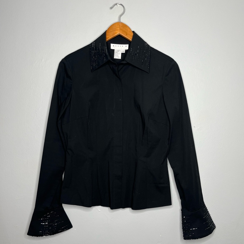 Basix II Embellished Beaded Flare Sleeve Button Front Vintage Collared Blouse DD